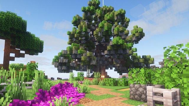 A large custom oak tree in Minecraft, with textured trunk and canopy in a garden-y landscape.