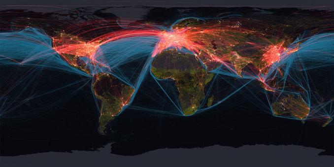 Global map showing transportation sectors by different colors and lines, such as for roads, shipping, and air flights. This reveals how connected the world is.