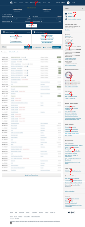 Screenshot of the USAA credit card web app. Scrawled on top of the page are 15 big red question marks showing the 15 different areas containing things you might want to do pertaining to your credit card account.