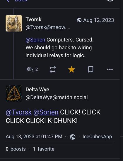 The image displays a social media interaction between two users, Tvorsk and Delta Wye. Tvorsk comments about the complexities of computers, suggesting a return to simpler technology. Delta Wye responds with a playful sequence of sounds, indicating a humorous take on the sounds relays make.