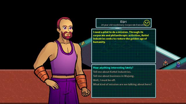 A screenshot from GearHead Caramel in which the player accepts a mission from a corporate executive.
