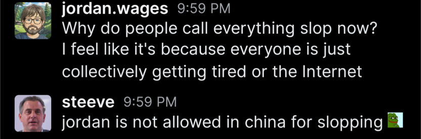 A screenshot of a humorous online conversation. The first comment, from "jordan.wages" at 9:59 PM, reads: "Why do people call everything slop now? I feel like it's because everyone is just collectively getting tired or the Internet." The reply, from "steeve" at 9:59 PM, states: "jordan is not allowed in china for slopping" and includes a small Pepe the Frog emoji looking smug.