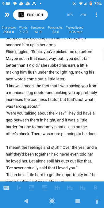 WIP text reads: ...scooped him up in her arms. 
Elise giggled. "Sonic, you've picked me up before. Maybe not in that exact way, but...you did it far better than TK did." she rubbed his ears a little, making him flush under the tk lighting, making his next words come out a little later. 
"I know...I mean, the fact that I was saving you from a maniacal egg doctor and picking you up probably increases the coolness factor, but that's not what I was talking about." 
"Were you talking about the kiss?" They did have a gap between them in height, and it was a little harder for one to randomly plant a kiss on the other's cheek. There was more planning to be done. 

"I meant the feelings and stuff." Over the year and a half they'd been together, he'd never even told her he loved her. Let alone spill his guts out like that. 
"I've never actually said that I loved you." 
"It can be a little hard to get the opportunity in..."