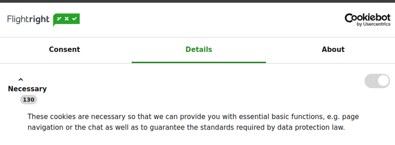 Screenshot von Flightright cookie  consent seite, mit 130 necessary cookies die man nicht ausschalten kann.
