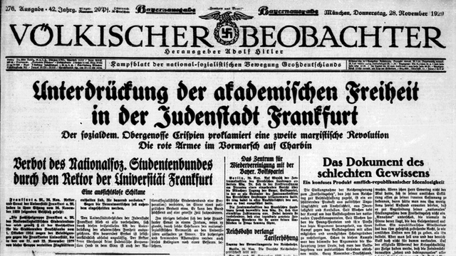 Titelseite Völkischer Beobachter, Header: "Unterdrückung der akademischen Freiheit in der Judenstadt Frankfurt", "Verbot des Nationalsoz. Studentenbundes durch den Rektor der Universität Frankfurt"