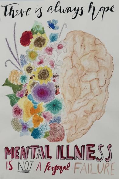 Das Bild zeigt eine Aquarellmalerei, die ein menschliches Gehirn darstellt. Die eine Hälfte des Gehirns ist mit einem bunten Blumenstrauß gefüllt, der aus verschiedenen Blumenarten in verschiedenen Farben besteht.  Ein Schmetterling ist ebenfalls zu sehen.  Die andere Hälfte des Gehirns ist in sanften Brauntönen gezeichnet. Über dem Bild steht der Satz "Es gibt immer Hoffnung". Darunter steht in großen Lettern: "MENTALE KRANKHEIT IST KEIN PERSÖNLICHES VERSAGEN".  Das Bild vermittelt eine Botschaft der Hoffnung und des Trostes im Umgang mit psychischen Erkrankungen.