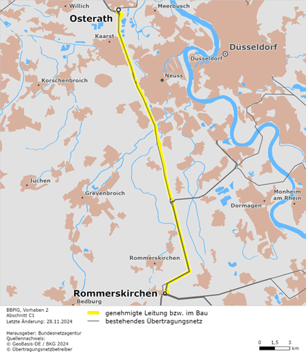Karte von der geplanten Stromleitung des Abschnitts zwischen Osterath und Rommerskirchen von Vorhaben 2 (auch Ultranet genannt) aus dem Bundesbedarfsplangesetz.