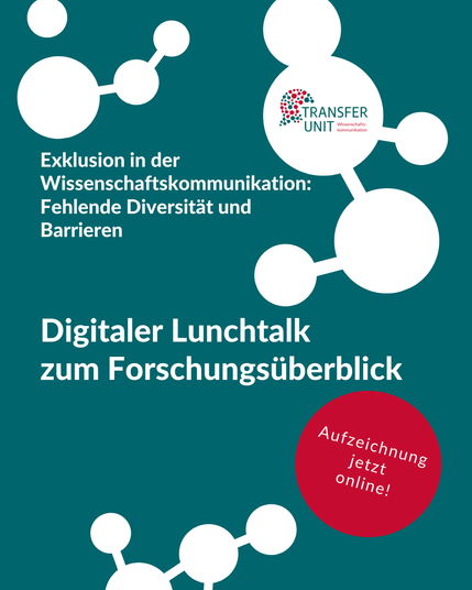 Grüner Hintergrund mit weißen Formen, Logo Transfer Unit, Text: "Digitaler Lunchtalk zum Forschungsüberblick. Exklusion in der Wissenschaftskommunikation: Fehlende Diversität und Barrieren. Aufzeichnung jetzt online!"