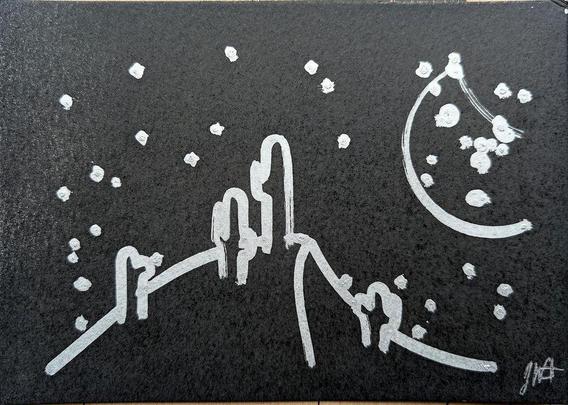 A minimalist desert scene under a moonlit sky, created using a pen plotter programmed to dip a paintbrush into silver metallic ink. The crescent moon floats above abstracted desert dunes and cacti, outlined in smooth lines. Scattered stars are represented with silver ink dabs, creating a serene, expansive night sky. The reflective quality of the silver ink against the black background evokes the calm and solitude of a desert night.  In close-up, the textured silver ink stars have a cratered, hand-painted appearance, adding dimension. The crescent moon is detailed with metallic strokes, enhancing the organic feel of the scene.  This piece meditates on the quiet of a desert night, its calm reinforced by each star and line being hand-programmed—each element unique, like every night spent under the sky.