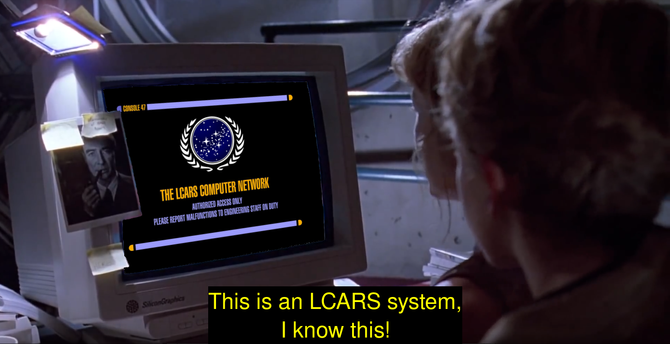 shot from Jurassic Park where Lex is sitting in front of the computer but it's not a unix system, it's an LCARS system