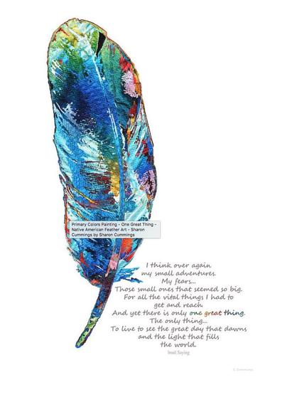 Colorful feather with saying about thankfulness for the day by Sharon Cummings.
