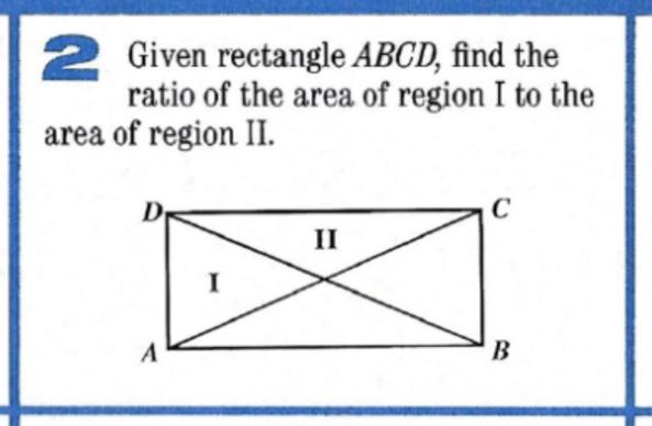 Given rectangle ABCD with diagonals AC & BD drawn, find the ratio of region I (left triangle) to region II (upper triangle)