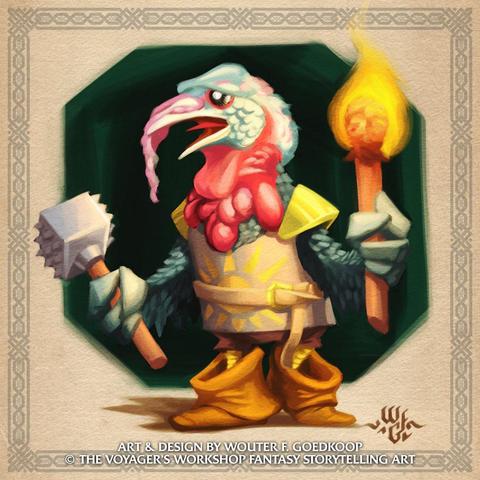 A digital painting of an anthropomorphic turkey as a medieval fantasy cleric character walking hesitantly in a dungeon, holding a meat tenderizer as a mace in one hand and a basting stick as a torch in the other.