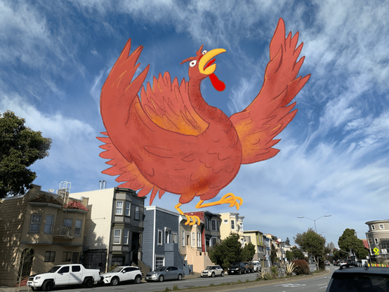 A drawing of an angry turkey above a row of houses in San Francisco