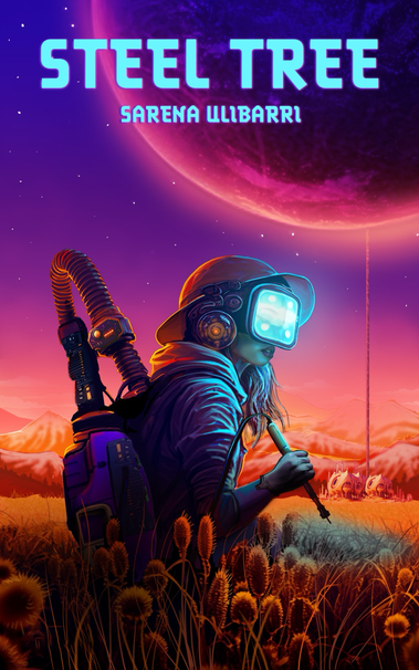 Cover of Steel Tree by Sarena Ulibarri, art by Hal Hefner. On a starry purple and pink background with a large moon in the sky, a woman with a glowing face mask, round hat, and backpack with a tube coming out of it stands in an agricultural field.