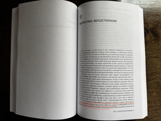 Page 143 about how reflective reasoning is — among other things — more consciously accessible than intuitive reasoning.