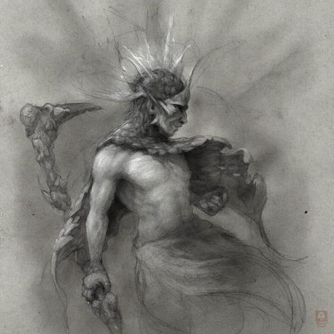 The subject is depicted in profile, facing left.
    He has long hair that flows behind him like a cape.
    A headdress adorns his head, featuring spikes and energy rays.
    His chest and shoulders are bare, while his arms are muscular and strong.