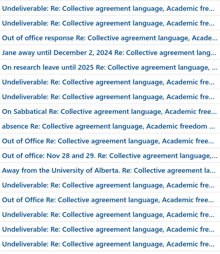 Seventeen subject headings from emails, all saying a message was undeliverable or someone is out of office.