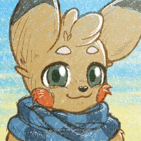 Digitally-handmade artwork of an original character based on the Pikachu Pokémon, wearing a blue checkered scarf, and looking forward towards the right side of the image at a 3/4 angle with a smiling facial expression, on a blue-to-yellow gradient background.