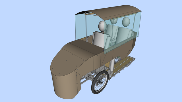 Vue 3D d'un vhéliotech modifié (vélo cargo à 3 roues avec un carénage partiel). Trois personnages simplistes sont visibles (un conducteur à l'avant, deux passagers côte à côte à l'arrière). Un toit bombé recouvre tout le monde, un peu comme une roulotte. L'avant et l'arrière sont ouverts, mais sur les côtés on voit des bâches translucides déroulées.