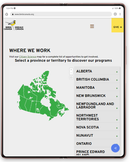 A screen capture of the Birds Canada webpage for "Where we work", it states Select a province or territory to discover our programs" and shows a map of Canada and the names of several provinces.