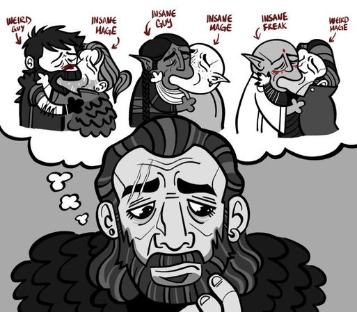 Es un dibujo de Varric pensando en los protagonistas de cada Dragon Age y sus romances.

Hawk se lió con Anders, la Inquisidora con Solas y Rook con Emmrich. Es gracioso porque es precisamente todo lo que me pasó a mí.