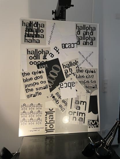 a broad view of a frame showing various posters with text in grunge optics