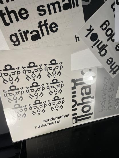 a detail of a frame showing various posters with text in grunge optics