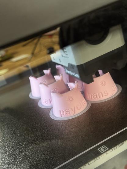 The image shows a 3D printer in operation, producing several pink printed objects resembling small mate bottle clips with cat ears. The printer's nozzle is positioned above the items, which have text on them. The text on them is the names of the members they are for.