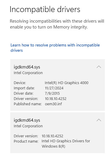 Windows 11 alert on the incompatible driver for the Intel HD Graphics 4000 - igdkmd64.sys