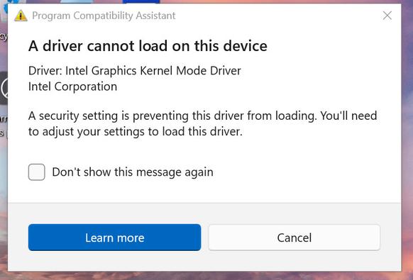 After removing the driver and enabling the memory protection, the video driver is unable to load - this is the screenshot from windows 11 with this alert