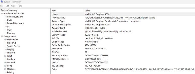 A screenshot with the specifications of the ThinkPad T430s that was upgraded to Windows 10 and then 11 that does not have an updated video driver