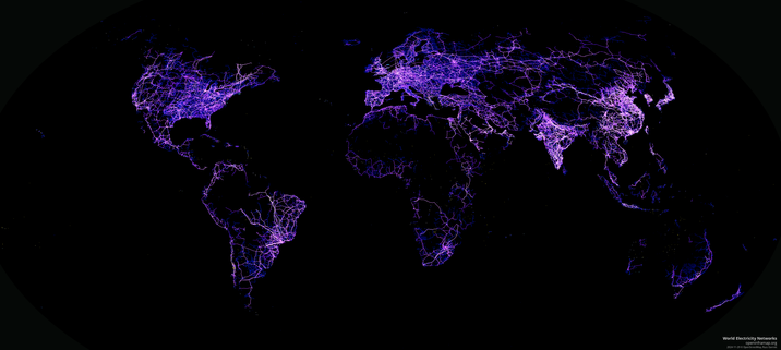 A dark background on which the outline of the world's countries are lit up by power lines and plants.