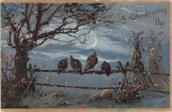 Four turkeys sit on a fence under the moon.