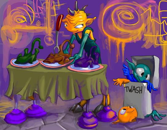 strange scene of little charred impish bodies on plates with their hands, feet and still smiling heads in a rubbish bin marked "TWASH." The server of the plates also looks somewhat impish but is of a plainly different species