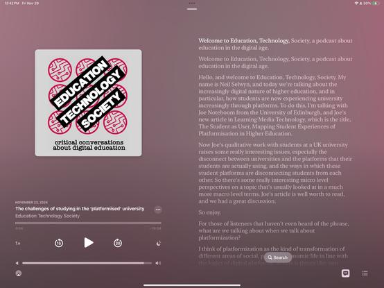 Screen shot of a podcast player with the transcript displayed on half the screen. Podcast of Episode 4 of Education Science Technology. The guest is Joe Noteboom.
