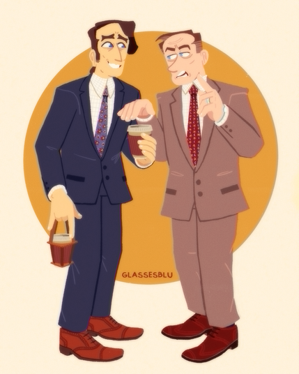 Illustration of Tom Wambgans and Greg Hirsch.

Greg Hirsch is standing on the left. He is tall, with floppy hair. It reaches the nape of his neck and falls on his face. He has a dark blue suit, a patterned tie, a white checked shirt, and brown leather shoes. Greg has a strained grin and eyebags. Greg is holding a coffee cup in one hand, and a coffee cup in a cardboard hangar in the other hand.

Tom Wambsgans is weather a light brown suit, with a red patterned tie, a white checked shirt, and brown leather shoes. He has eyebags, forehead wrinkles, and a prominent forehead. He is reaching for a coffee cup. His other hand is gestured and pointing up. He is wearing his wedding ring. He is frowning and talking to Greg