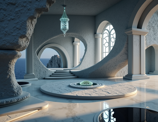 An empty room with ocean-view arches, curved surreal stone architecture, minimal decor, an elaborate lantern outlined in glowing light teal and a similarly lit circular object in a pit in the center of the floor.