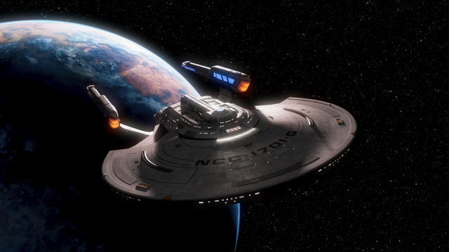 USS Enterprise NCC-1701-G seen from front leaving Mars-like planet, lighting from behind
