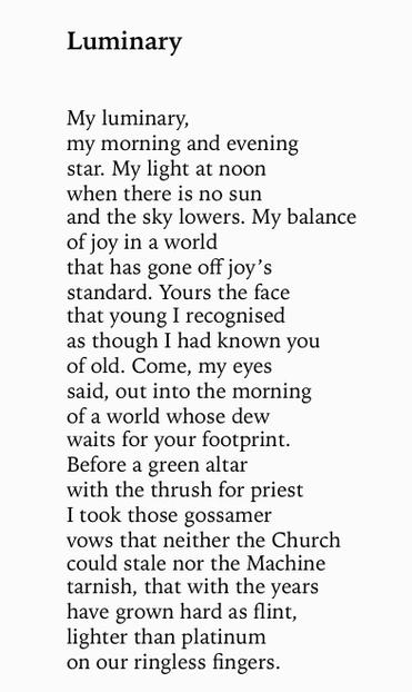 Text of poem -
Luminary. 
My luminary,
my morning and evening star. My light at noon when there is no sun and the sky lowers. My balance of joy in a world that has gone off joy's standard. Yours the face that young I recognised as though I had known you of old. Come, my eyes said, out into the morning of a world whose dew waits for your footprint.
Before a green altar with the thrush for priest I took those gossamer vows that neither the Church could stale nor the Machine tarnish, that with the years have grown hard as flint, lighter than platinum on our ringless fingers.