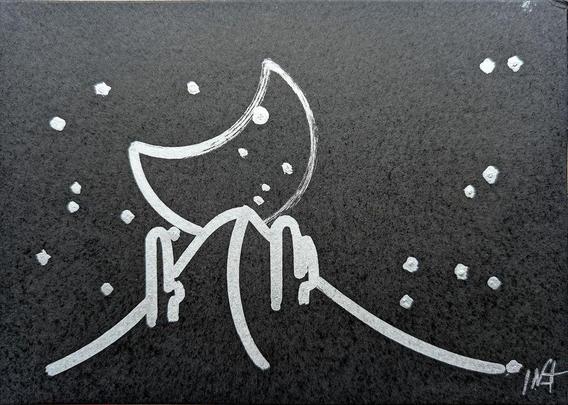 A minimalist desert scene under a moonlit sky, created using a pen plotter programmed to dip a paintbrush into silver metallic ink. The crescent moon floats above abstracted desert dunes and cacti, outlined in smooth lines. Scattered stars are represented with silver ink dabs, creating a serene, expansive night sky. The reflective quality of the silver ink against the black background evokes the calm and solitude of a desert night.  In close-up, the textured silver ink stars have a cratered, hand-painted appearance, adding dimension. The crescent moon is detailed with metallic strokes, enhancing the organic feel of the scene.  This piece meditates on the quiet of a desert night, its calm reinforced by each star and line being hand-programmed—each element unique, like every night spent under the sky.