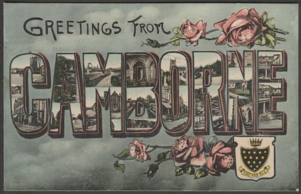 Printed glazed colour postcard offering greetings from Camborne in Cornwall and showing numerous scenes from the town within the lettering.
Published by Woolstone Bros, London, Milton Glazette Greetings Series, not numbered.
Postally unused, but with short message from S.J. Vivian dated 30 October 1907 and address of F.M. Webster, Camborne.
Very good condition, with very slight corner bumps.