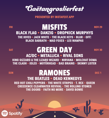 Affiche d'un festival fictif composé selon mes écoutes des 12 derniers mois sur Spotify. Réalisez la vôtre sur instafest.app