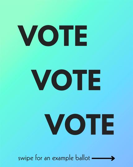 A blue background with text which says "Vote" 3 times and "swipe for an example ballot" with an arrow.