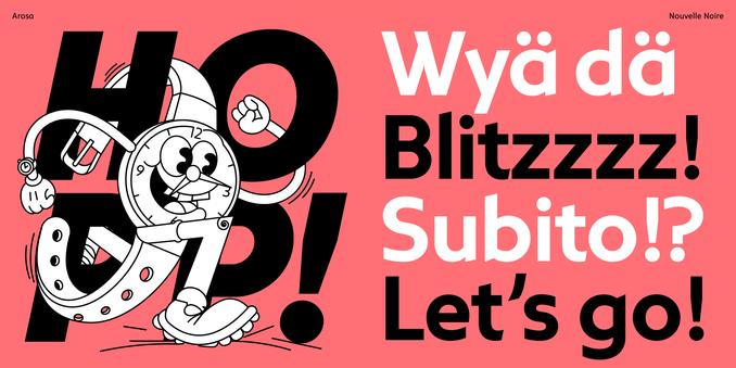 Running wristwatch illustration intermingled with the letter HOPP! On the left. On the right: Wyä dä Blitzzzz! (Fast as lightning) Subitto?! Let’s go!