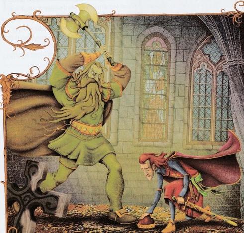 Sir Gawain offers himself up as a sacrifice to the Green Knight. An image by Oscar Senonez.
