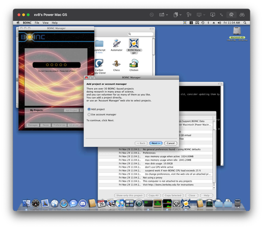 Power Mac G5 with BOINC distributed computing software to crunch math problems for projects like folding@home.