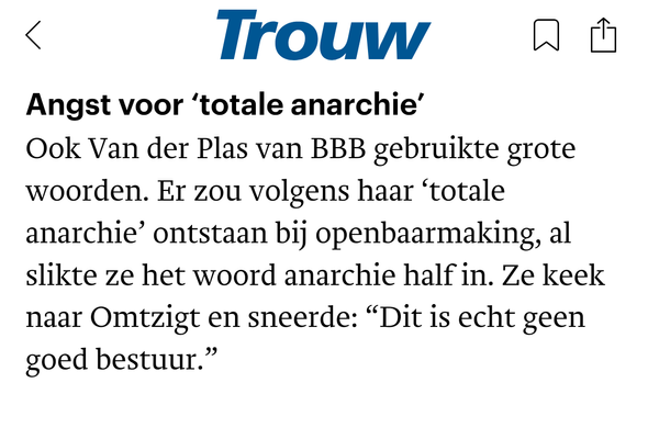 Angst voor ‘totale anarchie’
Ook Van der Plas van BBB gebruikte grote woorden. Er zou volgens haar ‘totale anarchie’ ontstaan bij openbaarmaking, al slikte ze het woord anarchie half in. Ze keek naar Omtzigt en sneerde: “Dit is echt geen goed bestuur.”