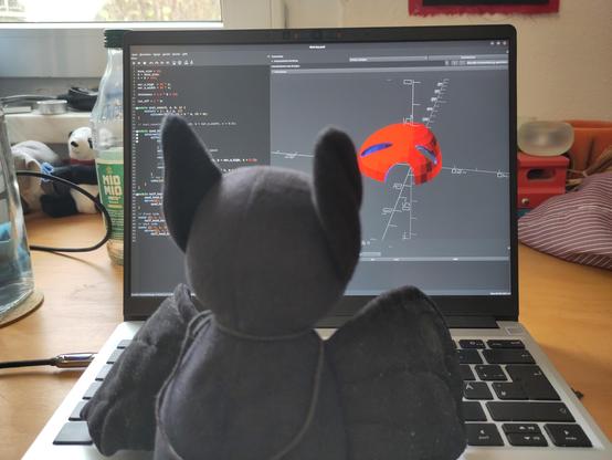 Ich, der tüftelnde ft1, sitze vor einem Notebook-Bildschirm und betrachte das 3D-Modell und den Code für meinen Fahrradhelm.