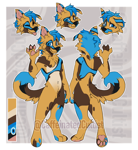 Digital art commission of a Furry character reference sheet, showing off the fur patterns front and back view full bodies. 

Displaying 3 emotes: blep, nervous, and sad.

There is a handy color palette for artists by artists.

Character belongs to, Ryoh87

Artwork is by, CaffeinatedCultist